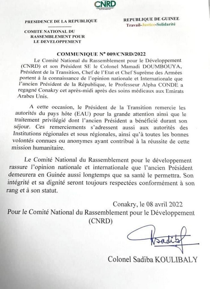 Guinée: l'ancien Président de retour au pays aprés des soins aux Emirats