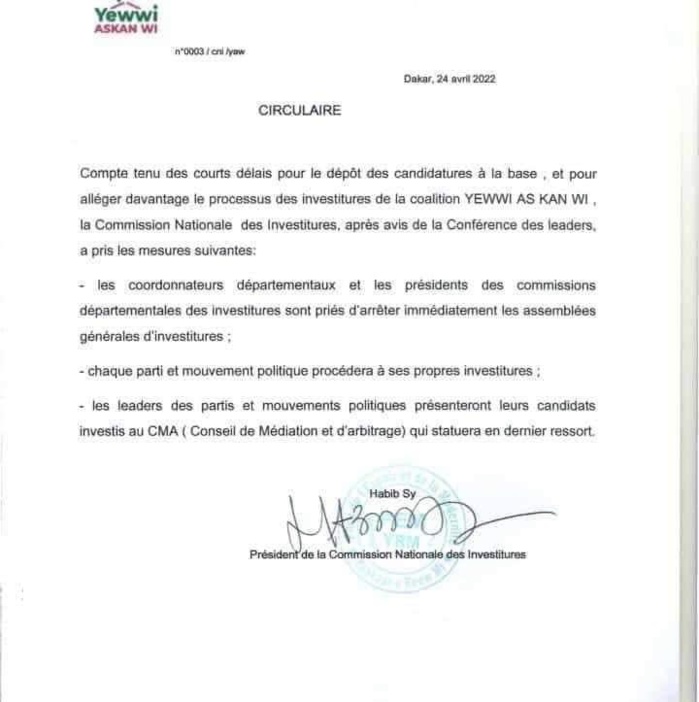 Investitures / Arrêt immédiat des assemblées générales, procédures et choix des candidats investis : Yewwi Askan Wi y va en ‘mode dispersé’ Investitures / Arrêt immédiat des assemblées générales, procédures et choix des candidats investis : Yewwi Askan Wi y va en ‘mode dispersé’