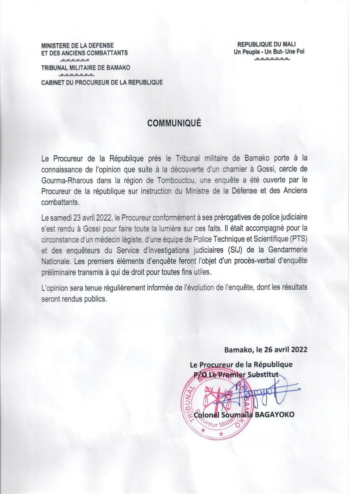 Mali- Charnier de Gossi: ouverture d’une enquête par le procureur de la république près le tribunal militaire de Bamako.