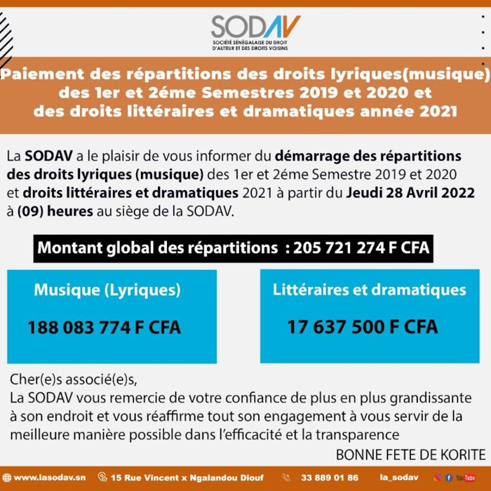 Droits d’auteur et droits voisins : Musiciens et comédiens vont se partager plus de 200 millions de francs CFA avant la Korité.