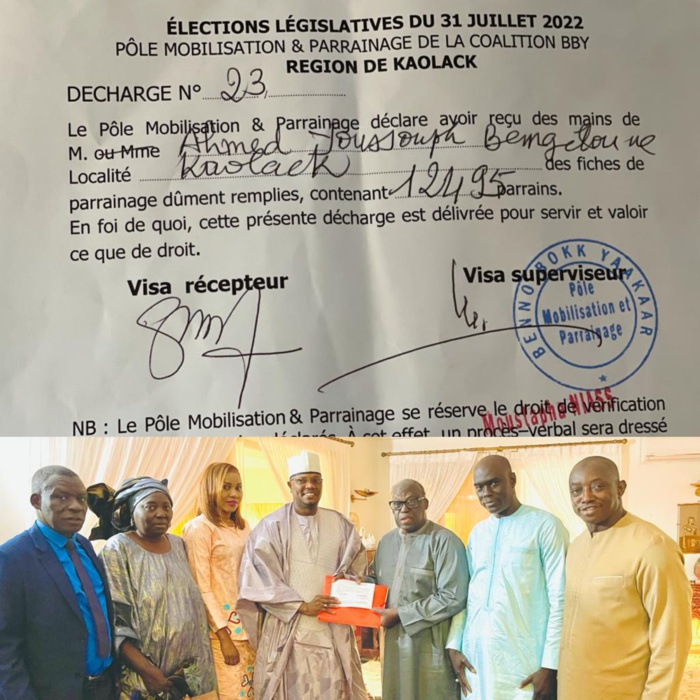 Législatives à Kaolack : Ahmed Youssouf Bengelloune remet au délégué régional Moustapha Niasse un lot de 12.495 parrains. Législatives à Kaolack : Ahmed Youssouf Bengelloune remet au délégué régional Moustapha Niasse un lot de 12.495 parrains.