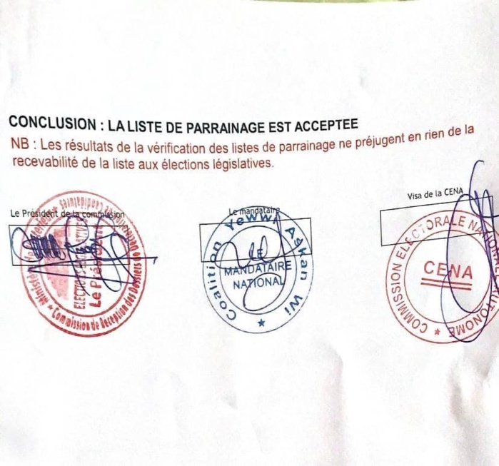 Parrainages : Les listes de Yewwi Askan Wi ont été acceptées. Parrainages : Les listes de Yewwi Askan Wi ont été acceptées.