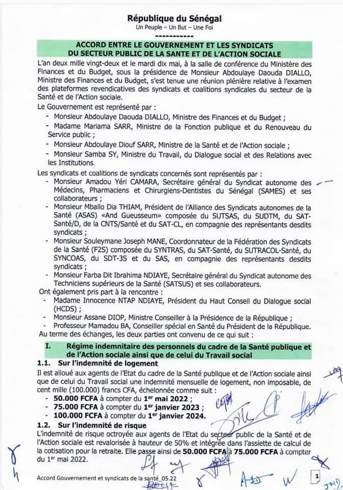 Accord entre le gouvernement et les syndicats du secteur public de la santé et de l'action sociale Accord entre le gouvernement et les syndicats du secteur public de la santé et de l'action sociale