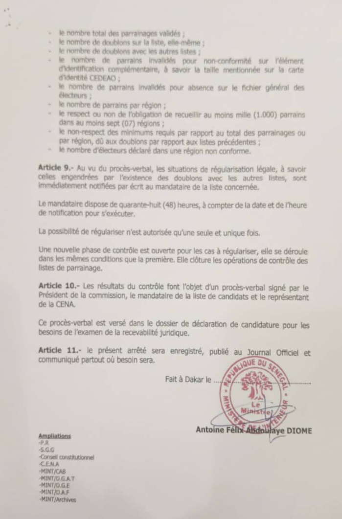 Parrainage Benno: l'article 6 de l'arreté portant sur le dispositif de contrôle des listes de parrainage qui règle la question Parrainage Benno: l'article 6 de l'arreté portant sur le dispositif de contrôle des listes de parrainage qui règle la question