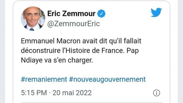 Nommé Ministre de l'éducation nationale et de la Jeunesse dans le Gouvernement Français : Pap Ndiaye déjà critiqué par Zemmour et Marine Lepen