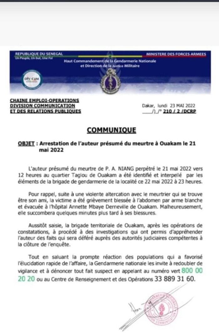 Meurtre de Papy Niang à Ouakam : La gendarmerie arrête le présumé auteur du crime. (DOCUMENT) Meurtre de Papy Niang à Ouakam : La gendarmerie arrête le présumé auteur du crime. (DOCUMENT)