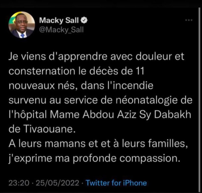 Décès de 11 bébés à l’hôpital de Tivaouane ; Le président Macky Sall présente ses condoléances.