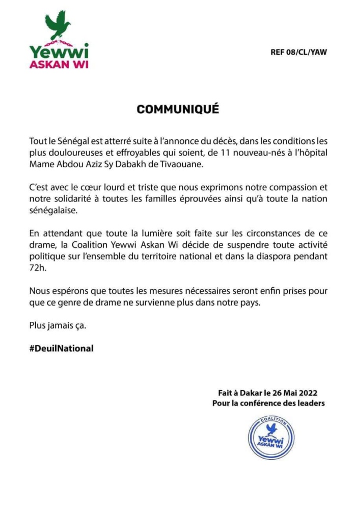 Décès de 11 bébés à l’hôpital de Tivaouane ; La coalition Yewwi Askan Wi suspend toutes ses activités politiques pendant 72 heures. Décès de 11 bébés à l’hôpital de Tivaouane ; La coalition Yewwi Askan Wi suspend toutes ses activités politiques pendant 72 heures.