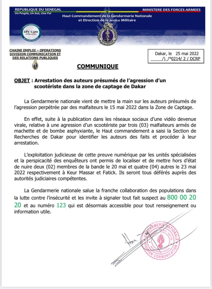 Vol à main armée : Arrestation des auteurs présumés de l'agression d'un scootériste dans la zone de captage de Dakar Vol à main armée : Arrestation des auteurs présumés de l'agression d'un scootériste dans la zone de captage de Dakar