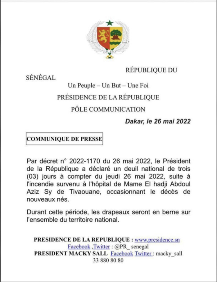 Décès de 11 bébés à l’hôpital de Tivaouane : Le président Macky Sall décrète 3 jours de deuil national. Décès de 11 bébés à l’hôpital de Tivaouane : Le président Macky Sall décrète 3 jours de deuil national.