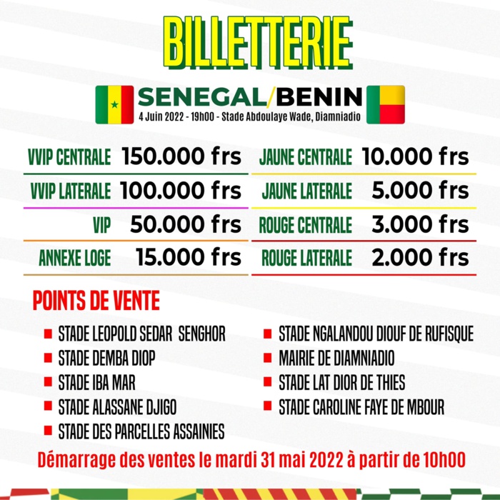 Match Sénégal vs Bénin : Les billets commercialisés à partir de ce mardi, de 2.000 à 150.000 FCFA pour aller voir les Lions… Match Sénégal vs Bénin : Les billets commercialisés à partir de ce mardi, de 2.000 à 150.000 FCFA pour aller voir les Lions…