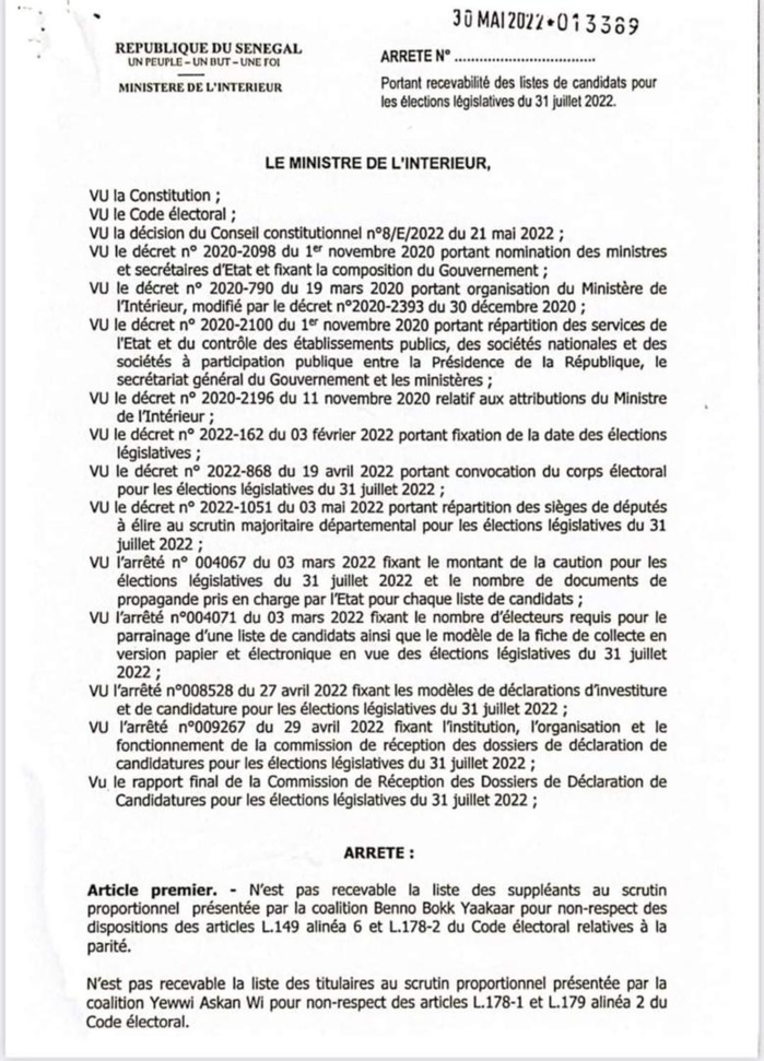 Rejet des listes titulaires et suppléants de "Yewwi" et "Benno": l'arrêté du ministre de l'intérieur Rejet des listes titulaires et suppléants de "Yewwi" et "Benno": l'arrêté du ministre de l'intérieur