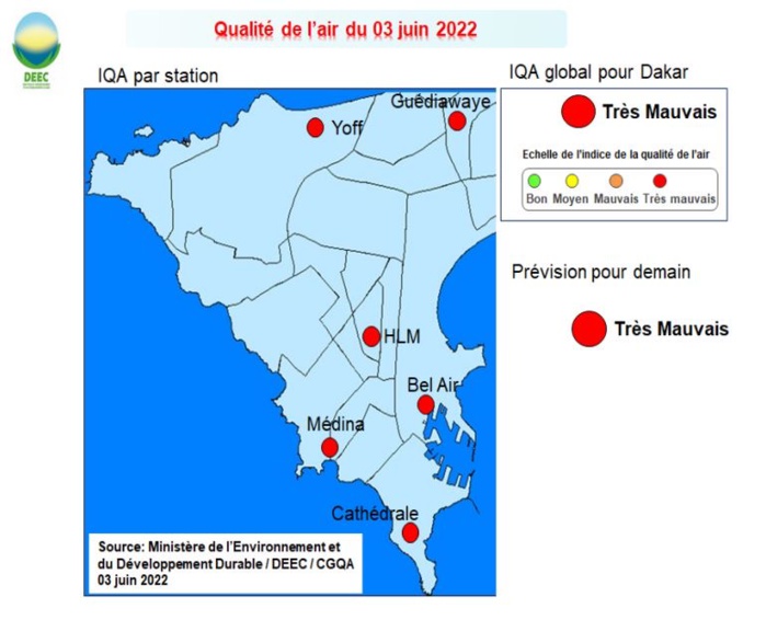 QUALITÉ DE L’AIR : la couche de poussière couvrira Dakar jusqu’à demain vers 18h. QUALITÉ DE L’AIR : la couche de poussière couvrira Dakar jusqu’à demain vers 18h.