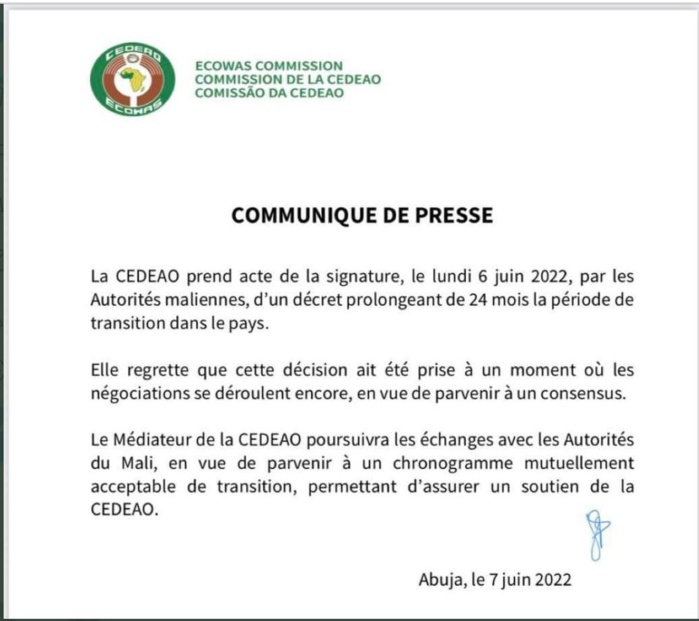 Prorogation de la durée de la transition en 2024 au Mali: la CEDEAO « regrette » le décret de la junte