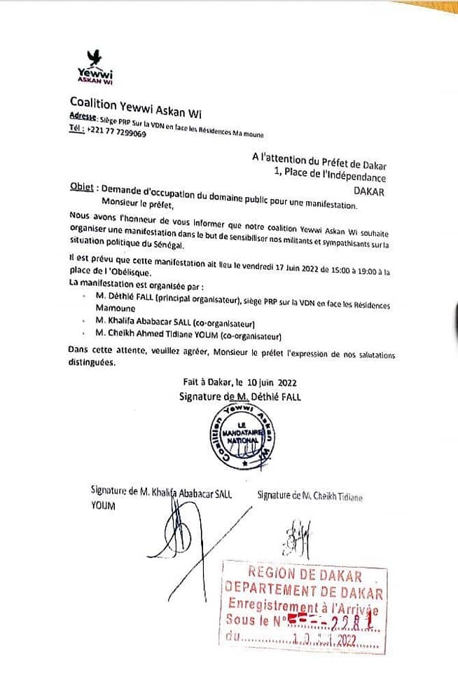 Mobilisation à la Place de la nation : La coalition Yewwi Askan Wi a déposé une nouvelle demande sur la table du préfet de Dakar.