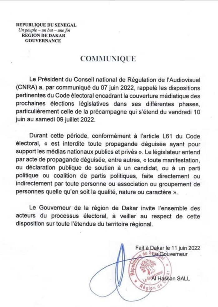 Phase de précampagne : Le gouverneur de Dakar invite les acteurs au respect de la disposition du code électoral.