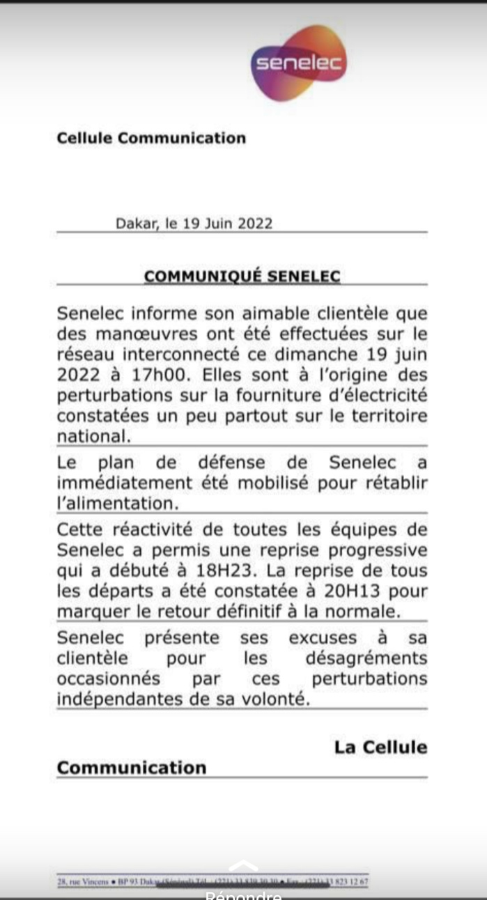 Coupure d’electricité sur presque tout le territoire : La Senelec s’explique et présente ses excuses.