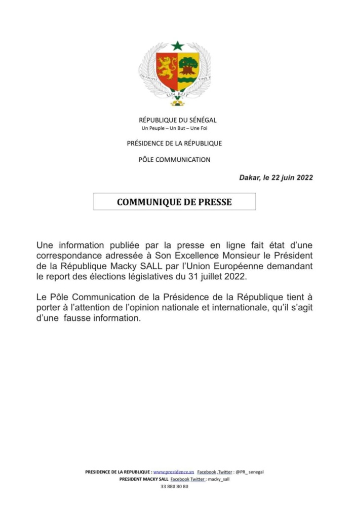 Lettre de l'UE adressée au chef de l'État : la présidence de la République dément.