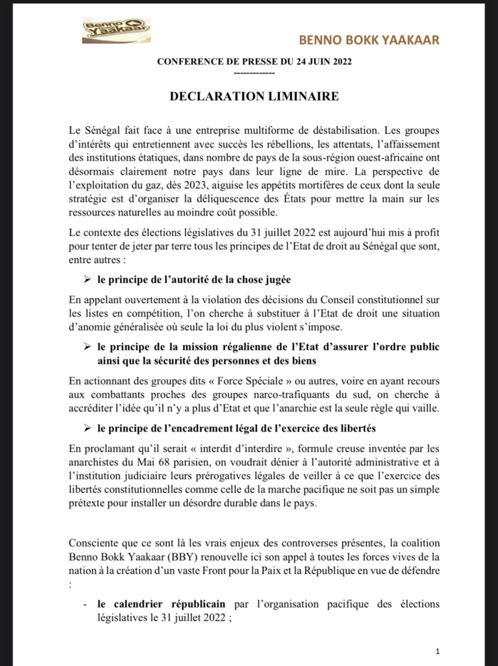Situation politique et économique : la coalition BBY tire la sonnette d'alarme, invite au respect des principes de l’État de droit et rappelle les efforts budgétaire de l’État. Situation politique et économique : la coalition BBY tire la sonnette d'alarme, invite au respect des principes de l’État de droit et rappelle les efforts budgétaire de l’État.