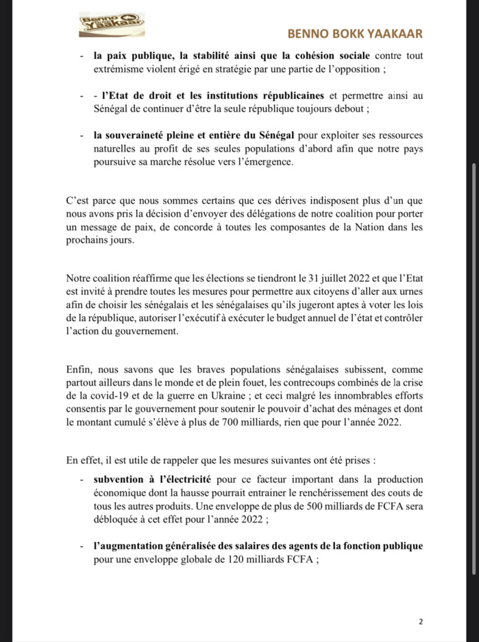 Situation politique et économique : la coalition BBY tire la sonnette d'alarme, invite au respect des principes de l’État de droit et rappelle les efforts budgétaire de l’État. Situation politique et économique : la coalition BBY tire la sonnette d'alarme, invite au respect des principes de l’État de droit et rappelle les efforts budgétaire de l’État.
