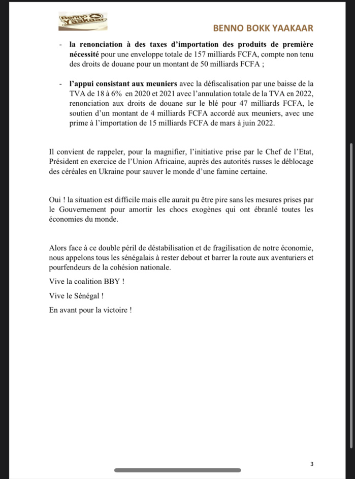 Situation politique et économique : la coalition BBY tire la sonnette d'alarme, invite au respect des principes de l’État de droit et rappelle les efforts budgétaire de l’État. Situation politique et économique : la coalition BBY tire la sonnette d'alarme, invite au respect des principes de l’État de droit et rappelle les efforts budgétaire de l’État.