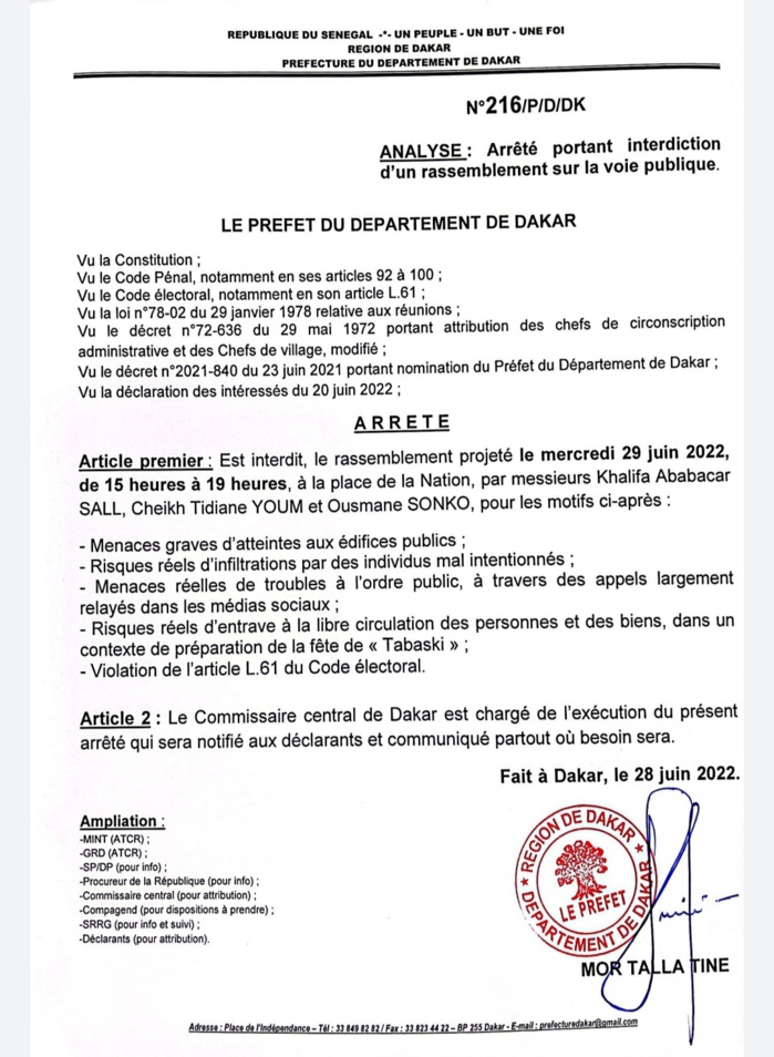Dakar : le préfet interdit la marche de Yewwi Askan Wi prévue ce 29 juin.