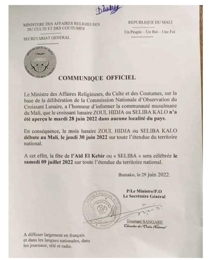 Tabaski 2022 : la fête de l'Aïd el Kébir ou "Seliba" sera célébrée au Mali le 09 juillet. Tabaski 2022 : la fête de l'Aïd el Kébir ou "Seliba" sera célébrée au Mali le 09 juillet.