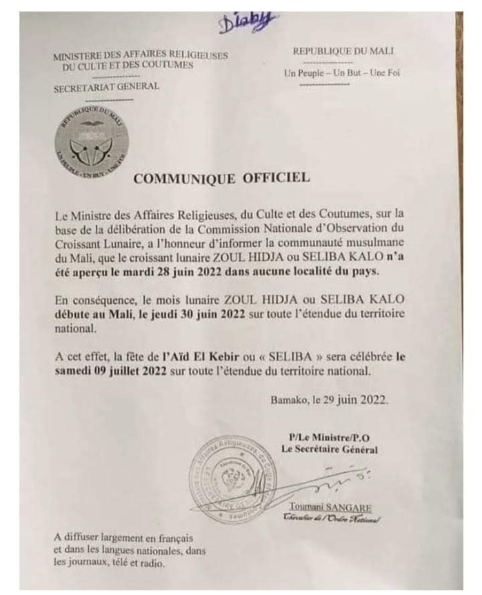 Tabaski 2022 : la fête de l'Aïd el Kébir ou "Seliba" sera célébrée au Mali le 09 juillet.