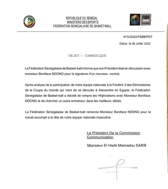 Basketball : La FSBB met fin aux négociations avec Boniface Ndong Basketball : La FSBB met fin aux négociations avec Boniface Ndong