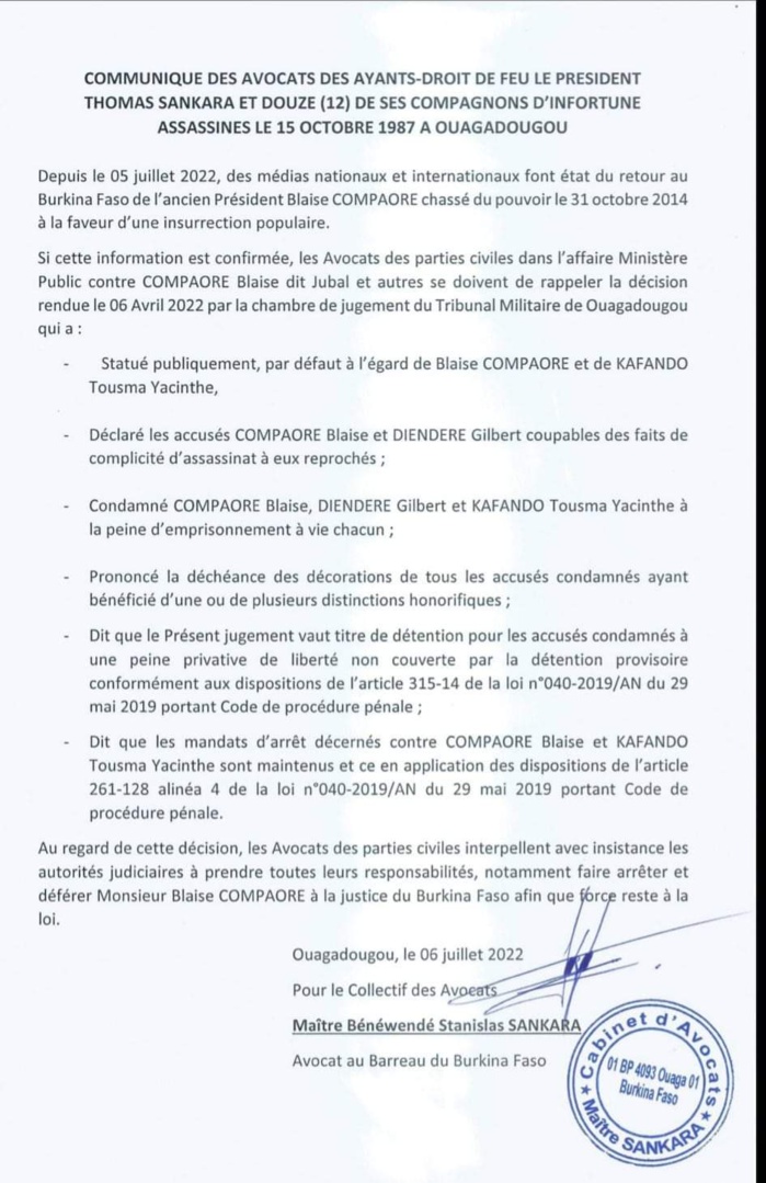 Burkina Faso / Retour annoncé de Blaise Compaoré : des avocats des ayants-droit de feu T. Sankara, interpellent les autorités judiciaires.