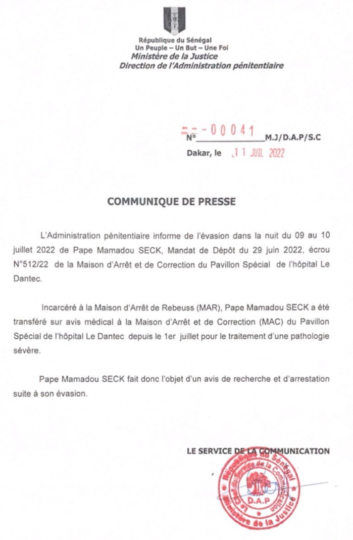 Pavillon Spécial de l'hôpital Aristide Le Dantec : le détenu Pape M. Seck réussit à se faire la malle. Pavillon Spécial de l'hôpital Aristide Le Dantec : le détenu Pape M. Seck réussit à se faire la malle.