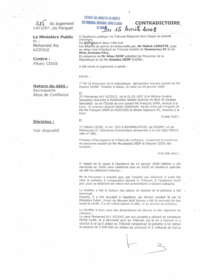 Jugé et relaxé une première fois dans la même affaire : Voici le document qui disculpe Alcaly Cissé!