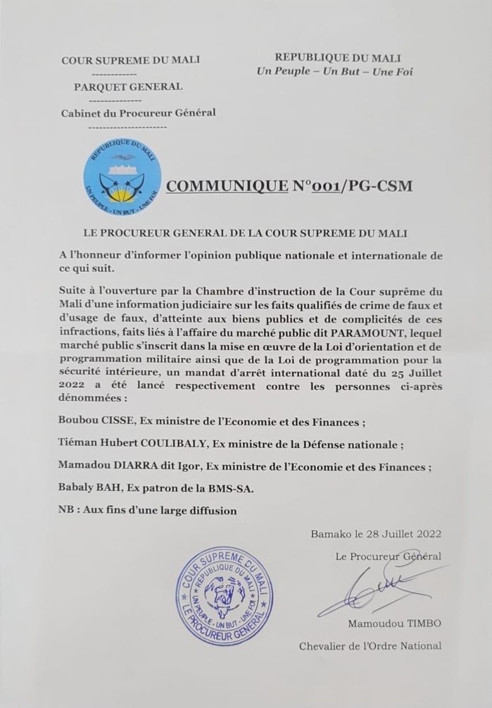 Mali/Affaire PARAMOUNT : la justice lance un mandat d'arrêt international contre 3 ministres et un ex-DG.