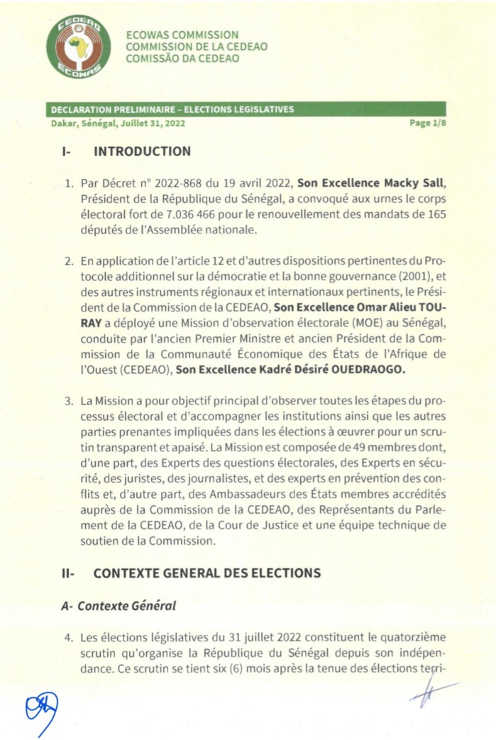 Législatives 2022 : la mission d'observation de la CEDEAO salue le bon déroulement du scrutin et invite les acteurs à s'abstenir de toute proclamation des résultats.