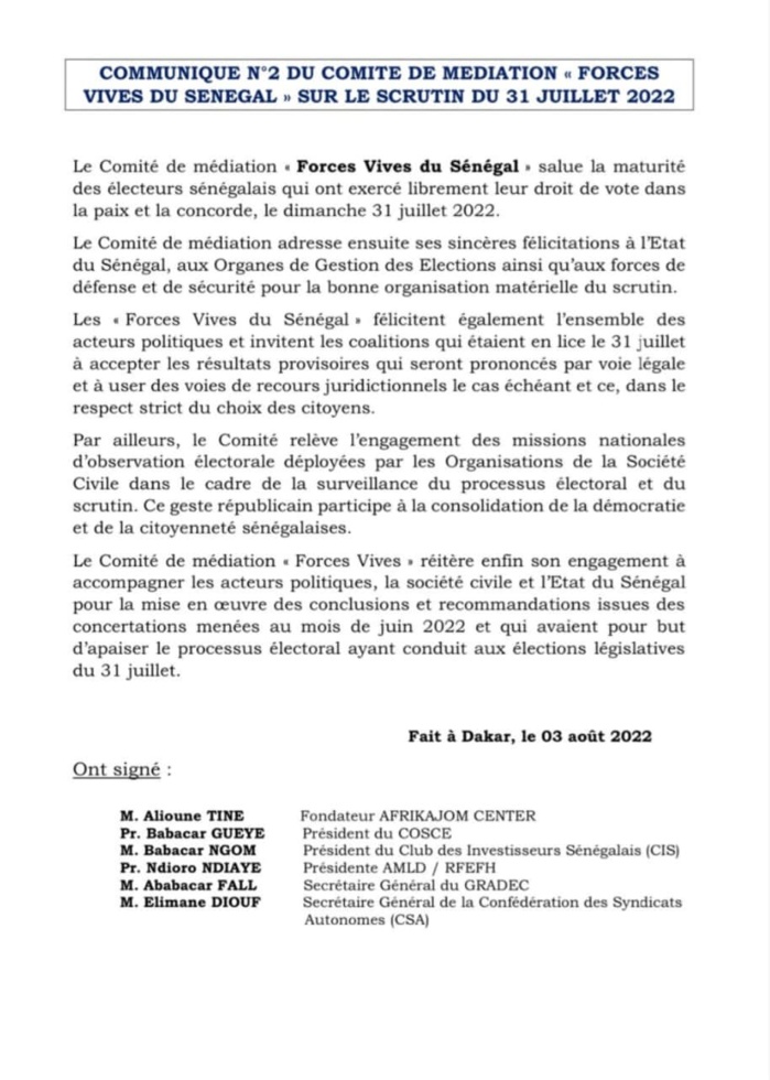 Législatives 2022 : le comité de médiation « Forces Vives » invite les coalitions à accepter les résultats provisoires et à... Législatives 2022 : le comité de médiation « Forces Vives » invite les coalitions à accepter les résultats provisoires et à...