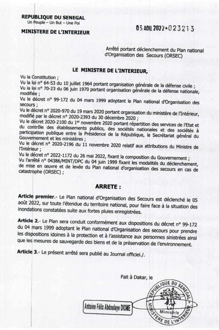 Sénégal : Le ministre de l'intérieur déclenche le plan ORSEC sur l'étendue du territoire national (Arrêté) Sénégal : Le ministre de l'intérieur déclenche le plan ORSEC sur l'étendue du territoire national (Arrêté)