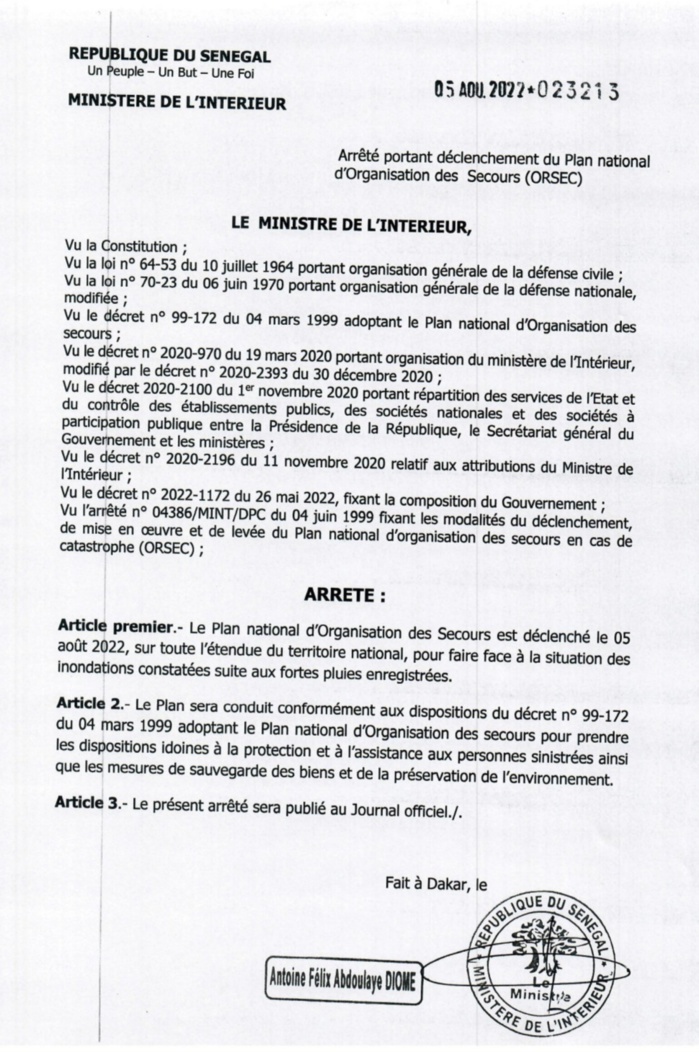 Sénégal : Le ministre de l'intérieur déclenche le plan ORSEC sur l'étendue du territoire national (Arrêté) 