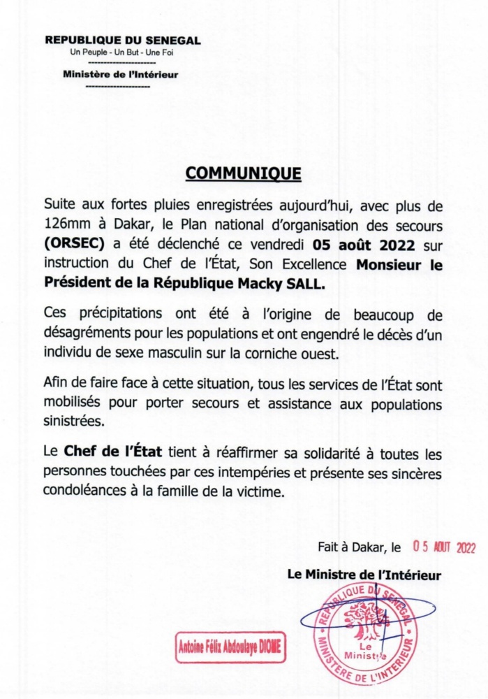 Sénégal : Le ministre de l'intérieur déclenche le plan ORSEC sur l'étendue du territoire national (Arrêté) Sénégal : Le ministre de l'intérieur déclenche le plan ORSEC sur l'étendue du territoire national (Arrêté)