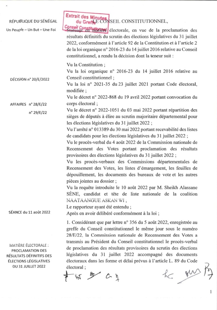 Résultats élections législatives 2022 : Voici en intégralité la décision du conseil constitutionnel Résultats élections législatives 2022 : Voici en intégralité la décision du conseil constitutionnel
