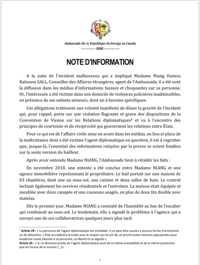Affaire de la diplomate Sénégalaise : l'ambassade du Sénégal au Canada se désole de « la diffusion d'informations fausses et choquantes » et livre sa version des faits. Affaire de la diplomate Sénégalaise : l'ambassade du Sénégal au Canada se désole de « la diffusion d'informations fausses et choquantes » et livre sa version des faits.