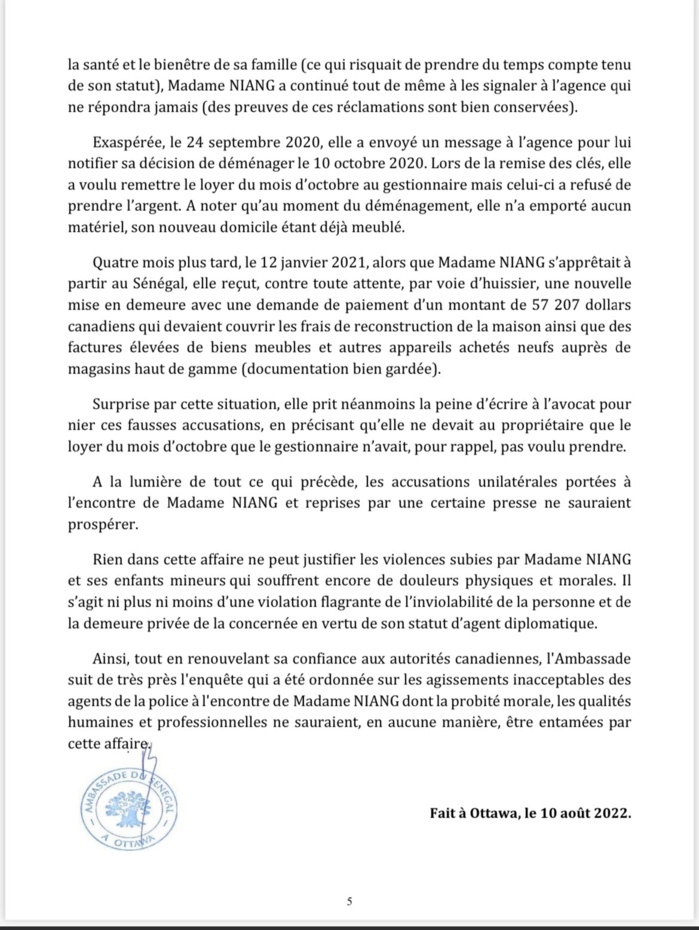 Affaire de la diplomate Sénégalaise : l'ambassade du Sénégal au Canada se désole de « la diffusion d'informations fausses et choquantes » et livre sa version des faits. Affaire de la diplomate Sénégalaise : l'ambassade du Sénégal au Canada se désole de « la diffusion d'informations fausses et choquantes » et livre sa version des faits.