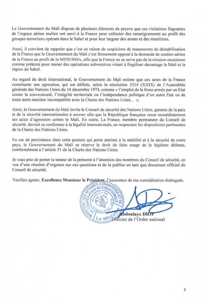 Violation de son espace aérien / Complicité avec les terroristes : le Mali accuse la France et saisit l'ONU.