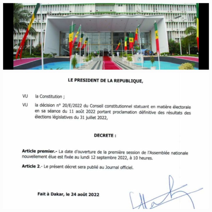 Assemblée nationale : La nouvelle législature installée ce 12 septembre 2022 (décret présidentiel) Assemblée nationale : La nouvelle législature installée ce 12 septembre 2022 (décret présidentiel)