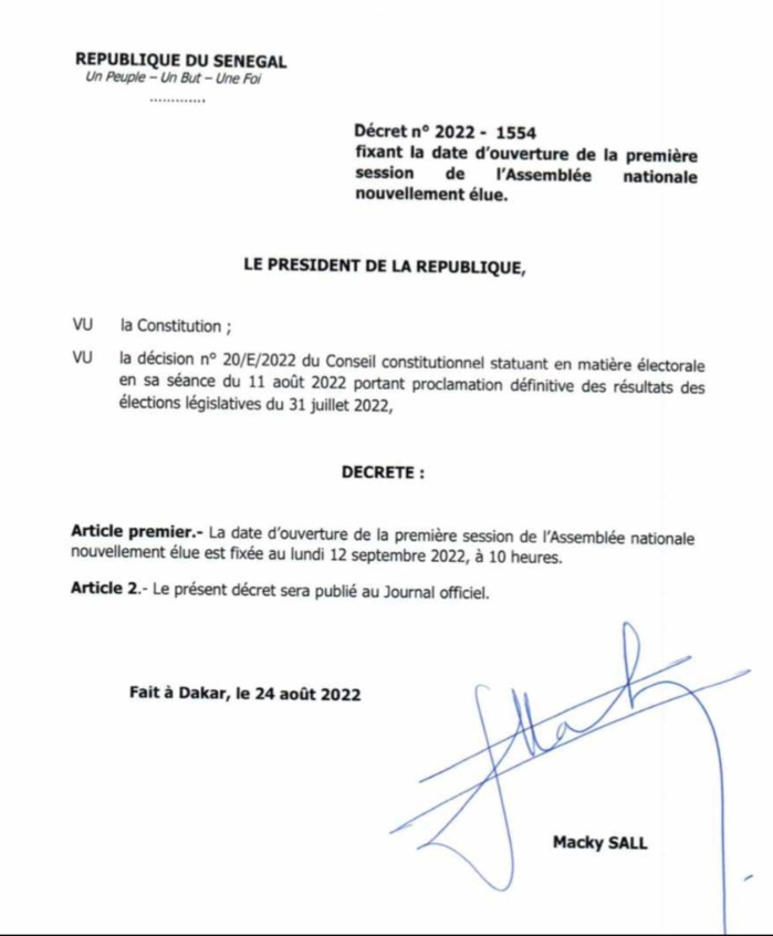 Assemblée nationale : La nouvelle législature installée ce 12 septembre 2022 (décret présidentiel) Assemblée nationale : La nouvelle législature installée ce 12 septembre 2022 (décret présidentiel)