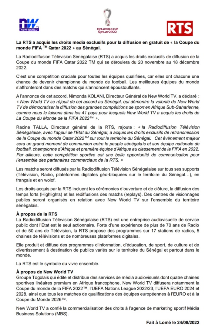 Communiqué conjoint RTS-NWT-FIFA : "la RTS a acquis les droits media exclusifs" (Nimonda Kolani, DG/NWT) Communiqué conjoint RTS-NWT-FIFA : "la RTS a acquis les droits media exclusifs" (Nimonda Kolani, DG/NWT)