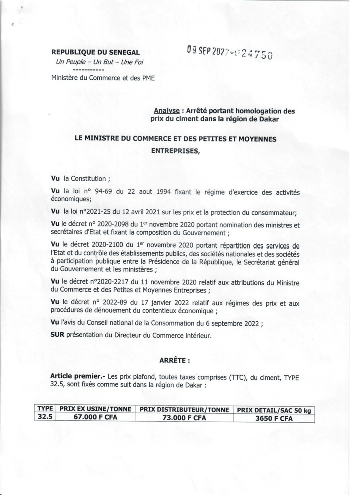Arrêté ministériel: Les prix plafond du ciment de type 32.5 fixés à Dakar. Arrêté ministériel: Les prix plafond du ciment de type 32.5 fixés à Dakar.