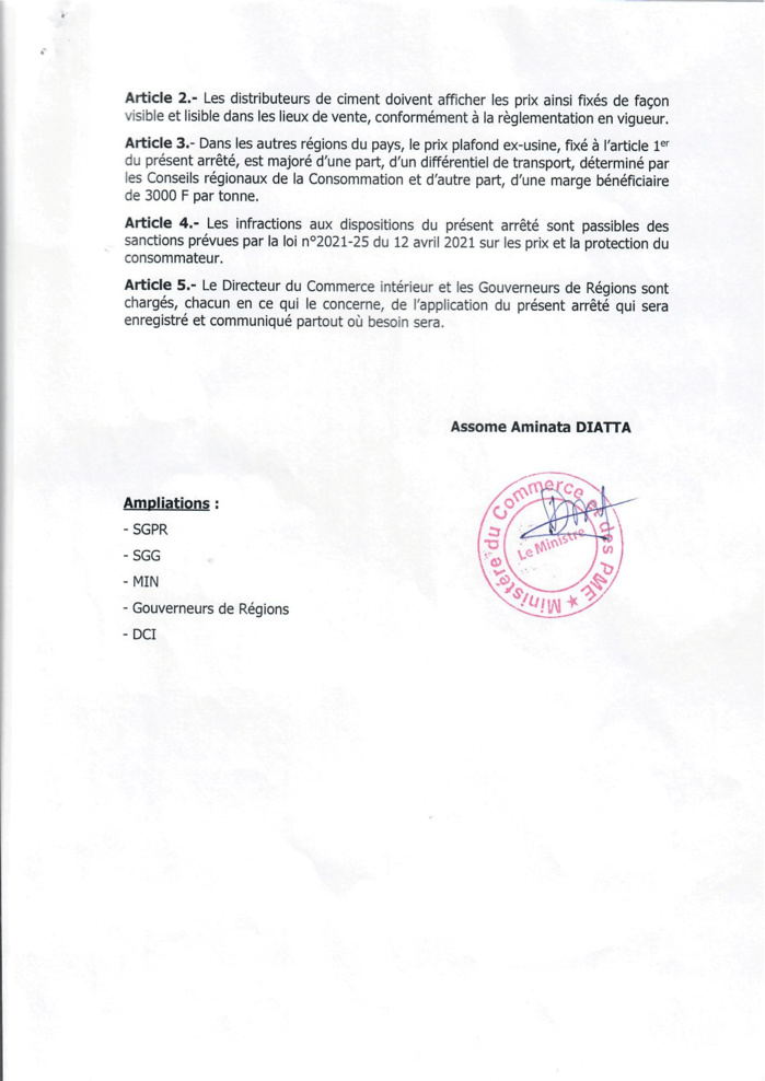 Arrêté ministériel: Les prix plafond du ciment de type 32.5 fixés à Dakar.