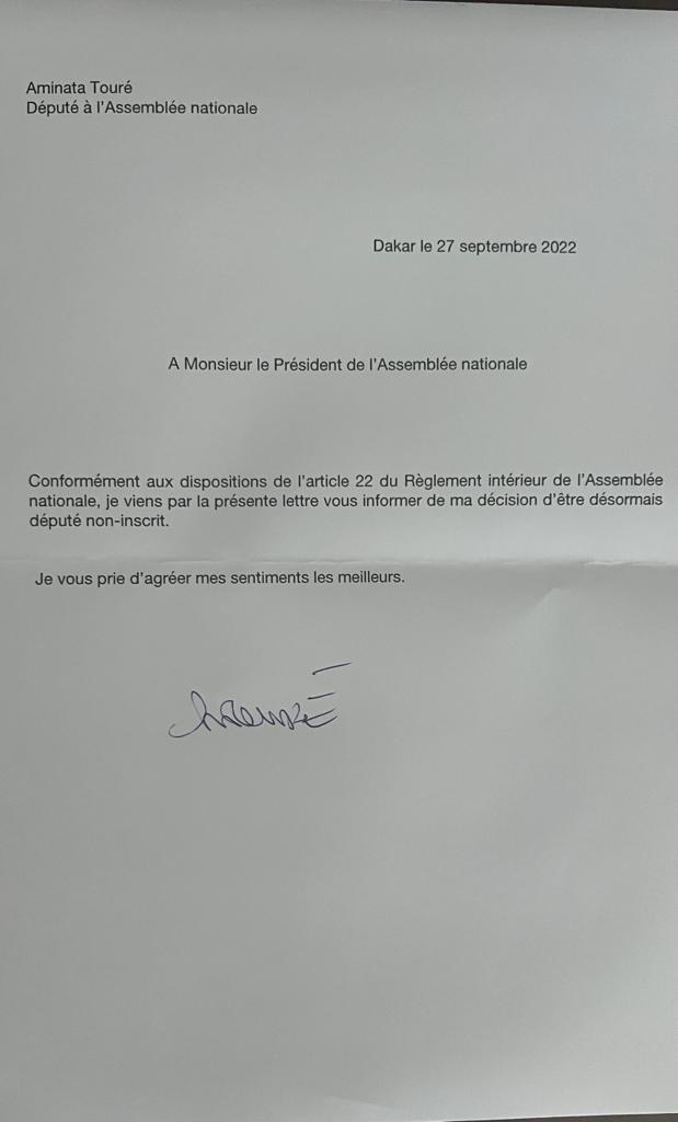 Député non-inscrit : Aminata Touré écrit au président de l’Assemblée nationale. (DOCUMENT)