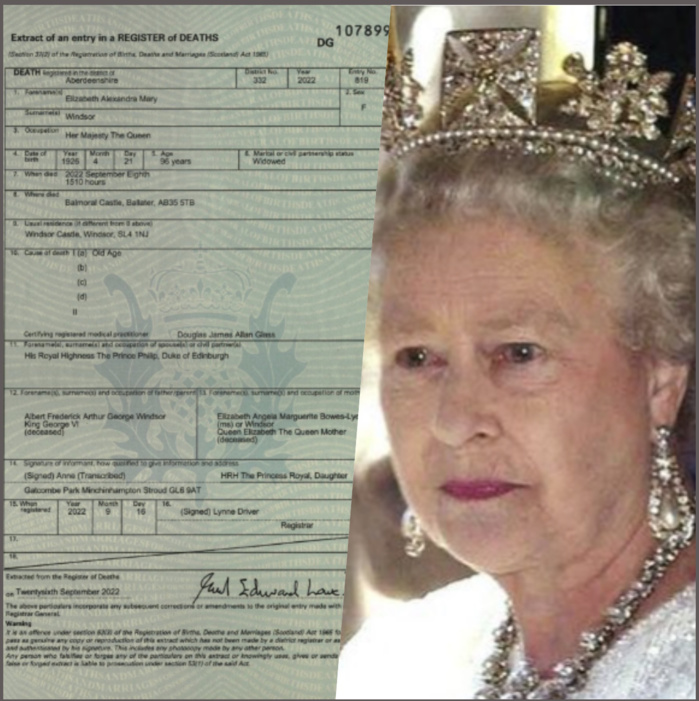 Royaume-Uni : Le certificat de décès de la reine Elizabeth II dévoilé… Royaume-Uni : Le certificat de décès de la reine Elizabeth II dévoilé…