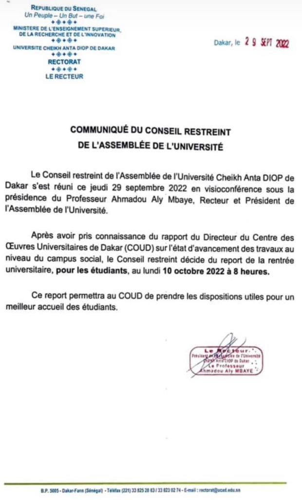 La rentrée universitaire fixée au 10 octobre 2 UCAD: la rentrée scolaire reportée au 10 Octobre.